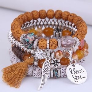 4 piece Love Wings Tassel Multilayer Bracelet Brown